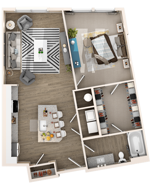 a 3d floor plan of a bedroom with a bathroom and a living room